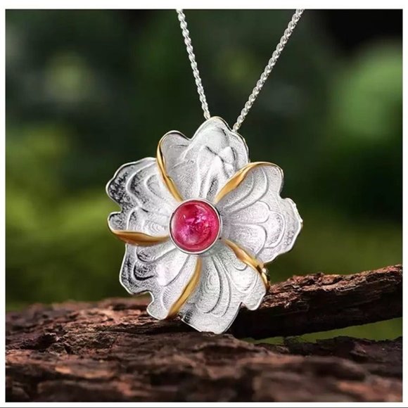Artisan Handmade Natural Tourmaline 925 Silver Flower Necklace